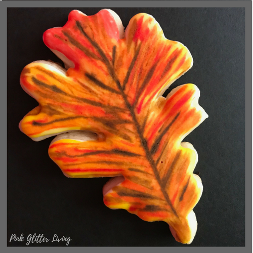 leaf sugar cookie with royal icing and food color gel painting